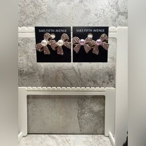 Saks Fifth Avenue Pink and White Bow Earrings Push Backs Bundle of Two